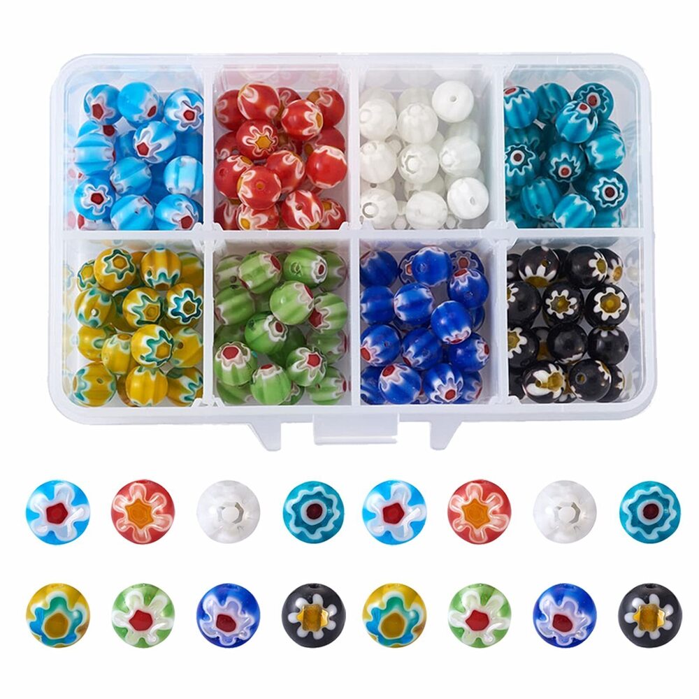 7572 160pcs Handmade Millefiori Lampwork Glass Beads 8mm Smooth Round